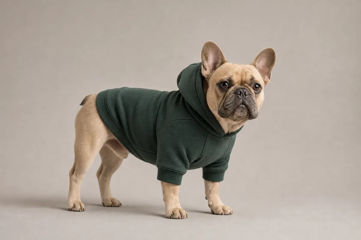 Dog wearing a heavyweight French terry hooded pet sweatshirt