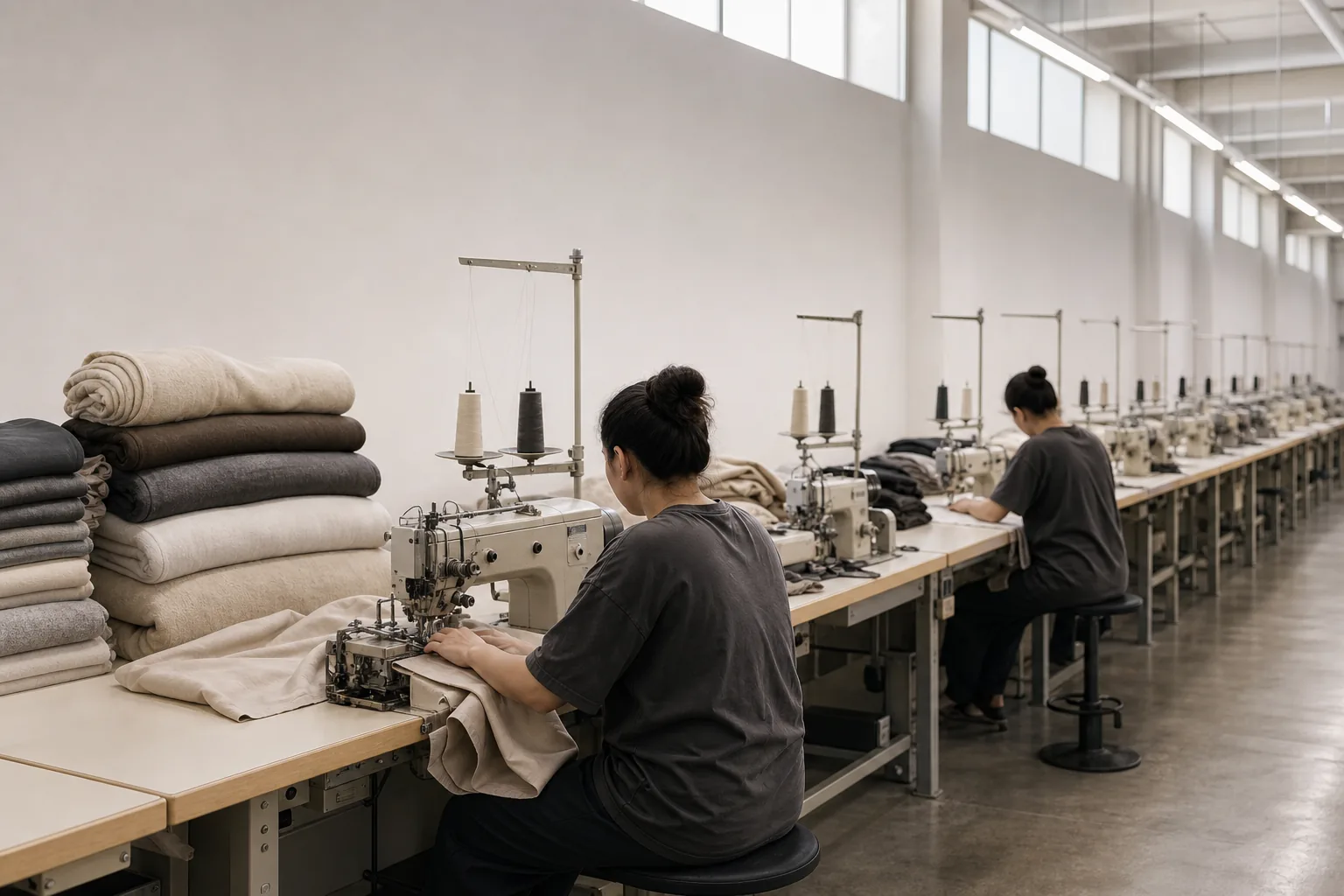 Cut-and-sew production floor with rows of industrial sewing machines